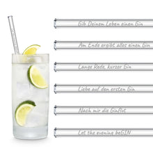 Laden Sie das Bild in den Galerie-Viewer, Glasstrohhalm Verkaufsdisplay mit Gravierte Trinksprüche - 10er Packungen / 6er Sets