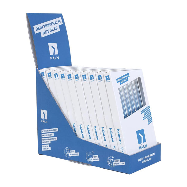 Blue HALM retail display with ten sets of glass straws