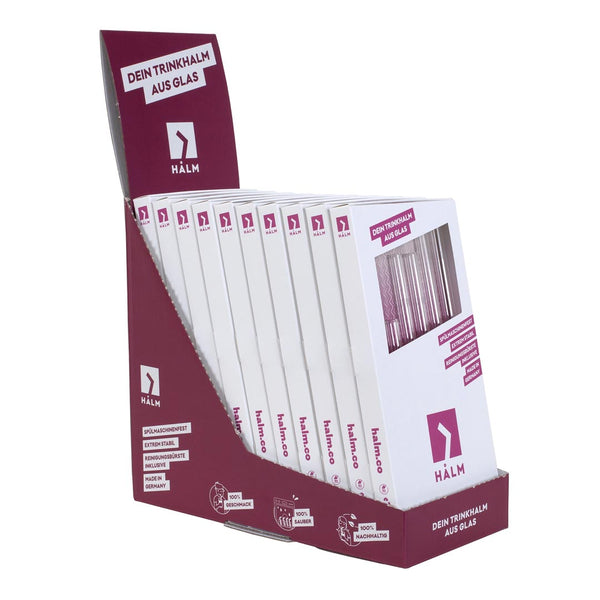 Berry red HALM retail display with ten sets of glass straws