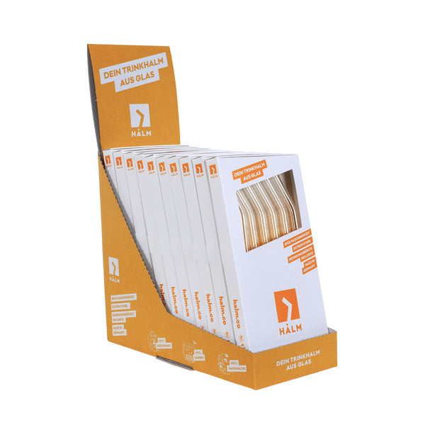 Orange HALM retail display with ten sets of bent glass straws