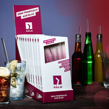 Laden Sie das Bild in den Galerie-Viewer, Glasstrohhalm Verkaufsdisplay mit Gravierte Trinksprüche - 10er Packungen / 6er Sets