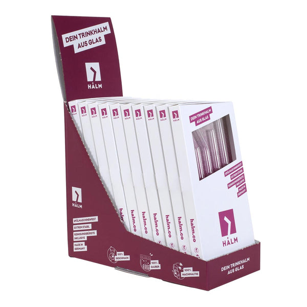 Berry red HALM retail display with ten sets of glass straws