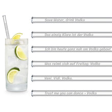 Laden Sie das Bild in den Galerie-Viewer, Glasstrohhalm Verkaufsdisplay mit Gravierte Trinksprüche - 10er Packungen / 6er Sets
