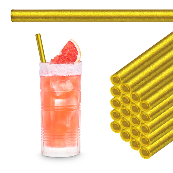 Gold 20 cm HALM glass straws stacked beside a Pink Paloma in a highball glass