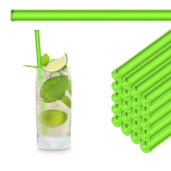 Neon green 20 cm HALM glass straws stacked beside a Mojito in a highball glass