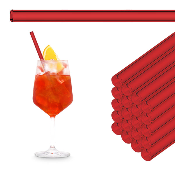 Red 20 cm HALM glass straws stacked beside an Aperol Spritz in a wine glass