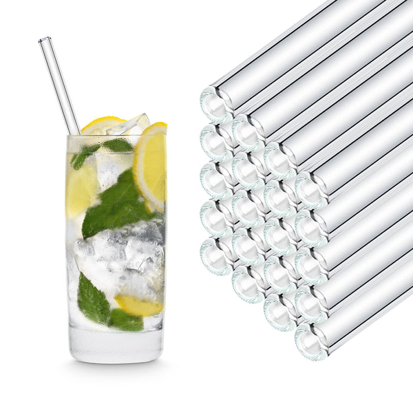 20 cm HALM glass straws stacked beside a gin and tonic with lemon and blueberries