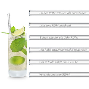 Glass Straw Display Set with Engraved Drinking Quotes - Packs of 10 / Sets of 6