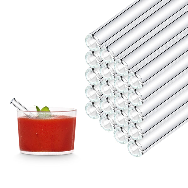 10 cm HALM glass straws stacked beside a tomato gazpacho in a small glass